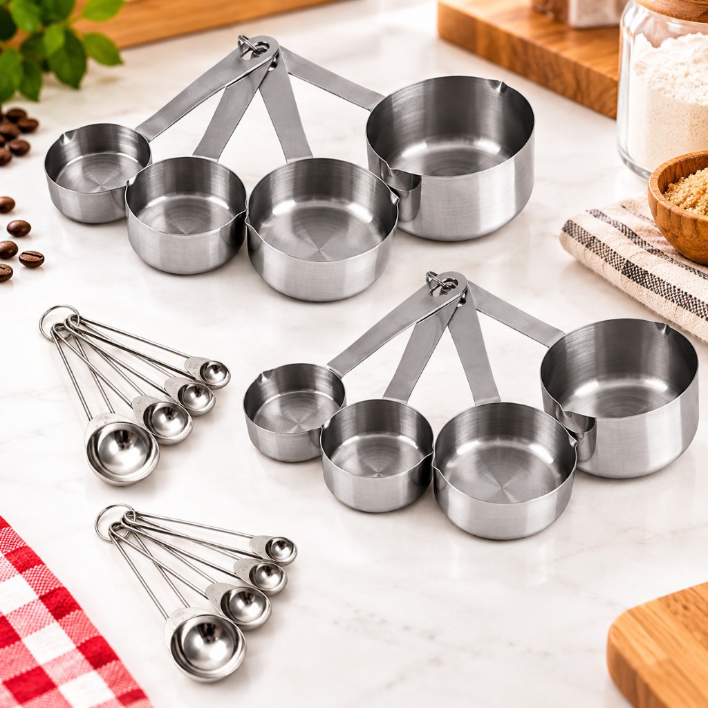 Kit Medidores de Cozinha em Aço Inox 8 Peças Culinário Cozinha Inox Confeitaria 4 Colheres Medidoras 4 Xicaras Medidoras