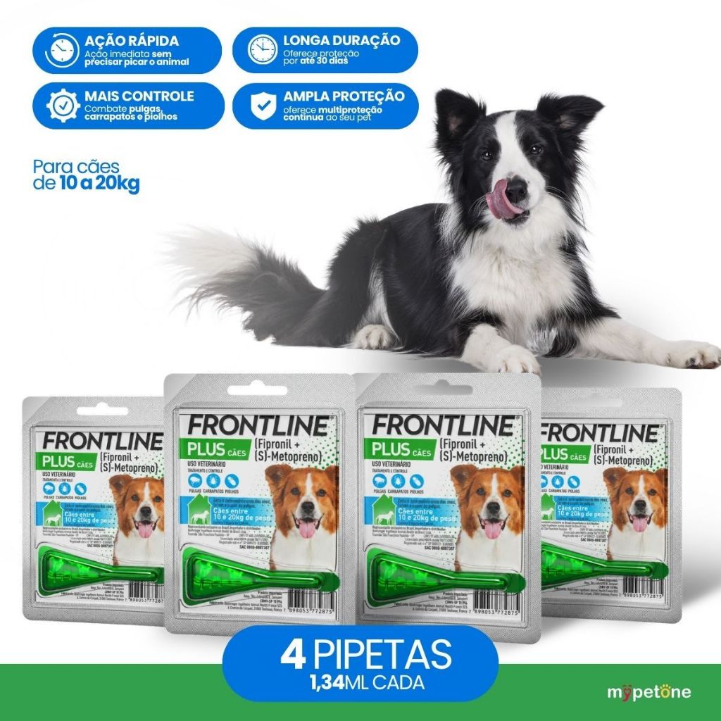 Kit 4 Antipulgas e Carrapatos Frontline Plus para Cães de 10 a 20 Kg - 1 Pipeta - 1,34 mL