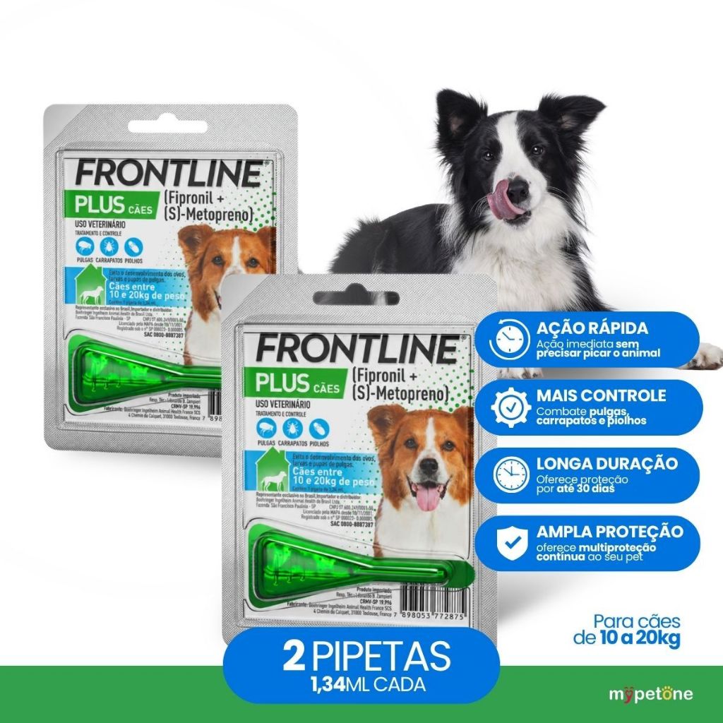 Kit 2 Antipulgas e Carrapatos Frontline Plus para Cães de 10 a 20 Kg - 1 Pipeta - 1,34 mL