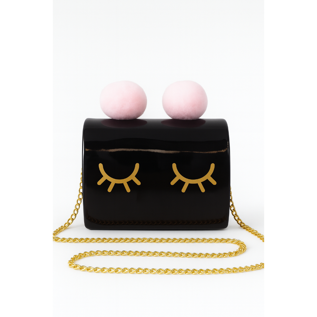 Bolsa infantil Com Pompom com Alça Transversal Corrente Dourada Removível Olhinho Blogueira