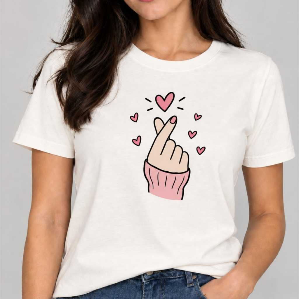 Camiseta Feminina Estampada Mãozinha Coração Fofa Casual Básica 100% Algodão Moda Feminina