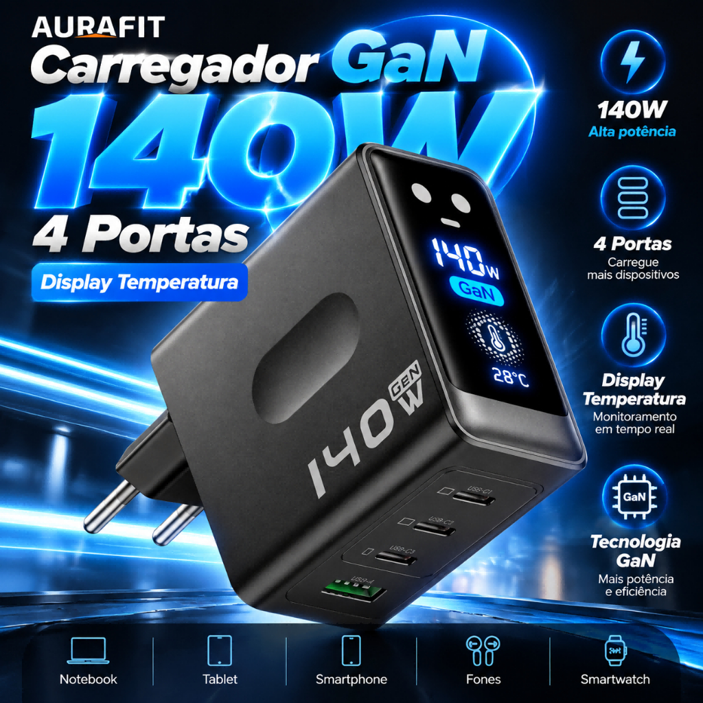 AURAFIT Carregador GaN 140W 4 Portas USB C Display Temperatura PD 3.1