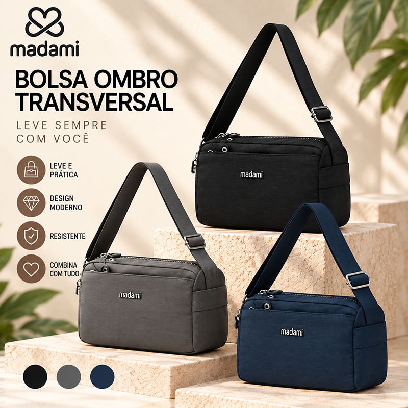 Bolsa Feminina Transversal Madami Pequena Ombro Passeio Dia a Dia 3,5L Resistente