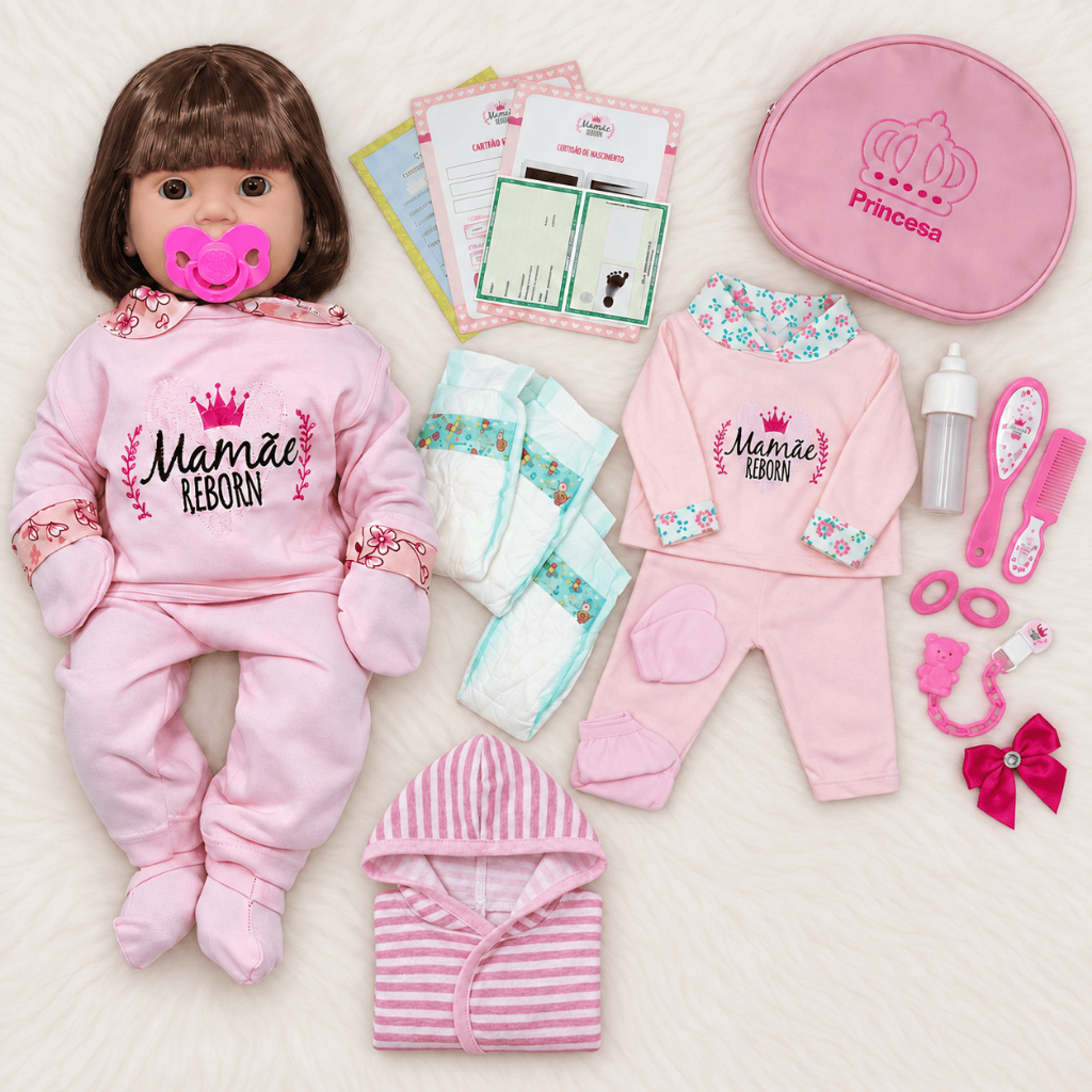 Kit Boneca Bebê Reborn 45cm Corpo Inteiro em Vinil com Bolsa Fraldas Mamadeira Chupeta e Enxoval