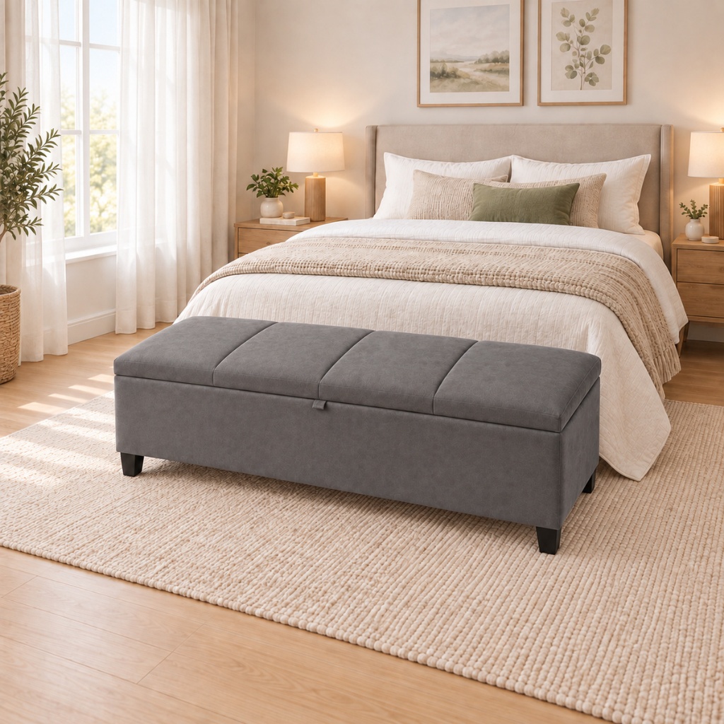 Calçadeira Baú Recamier 120cm Veludo Cinza com Pés para Quarto – Banco Organizador Estofado