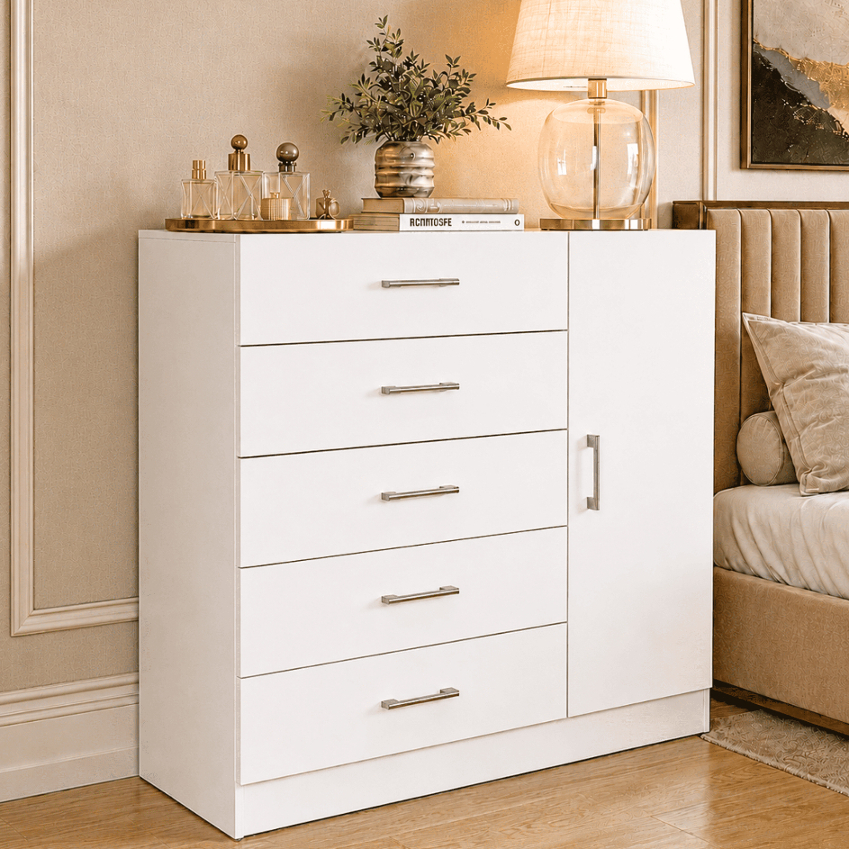 Cômoda Miami 5 Gavetas 1 Porta Sapateira Organizadora Quarto Moderno Branco Off White - Blue Moby