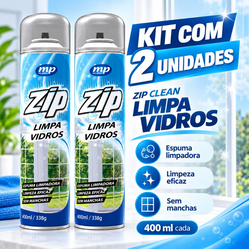 2 LIMPA VIDROS ZIP CLEAN MY PLACE 400ml SPRAY ESPUMA SEM MANCHAS IMPERMEABILIZANTE BOX E ESPELHOS