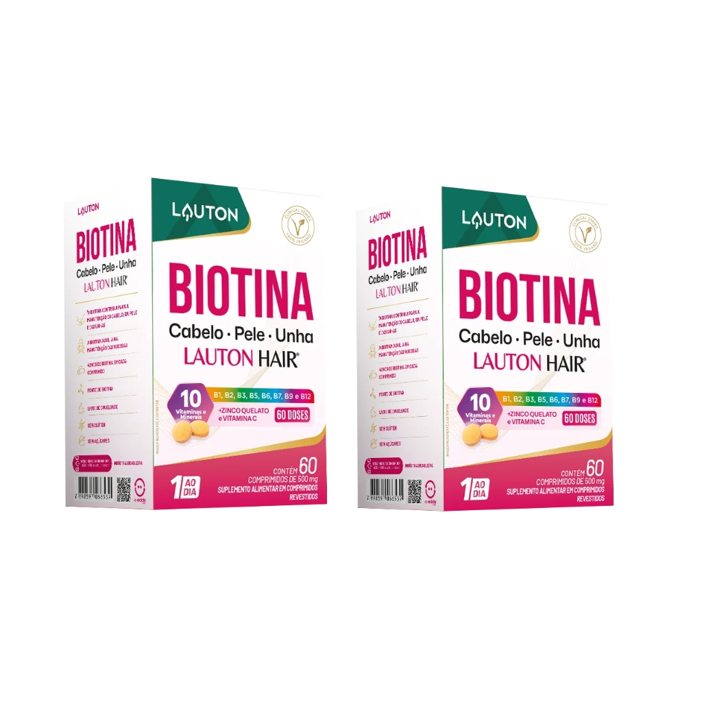 Biotina Lauton Hair Cabelo Pele Unha 40mcg — Kit 2 Potes 60 Comprimidos — Lauton Nutrition