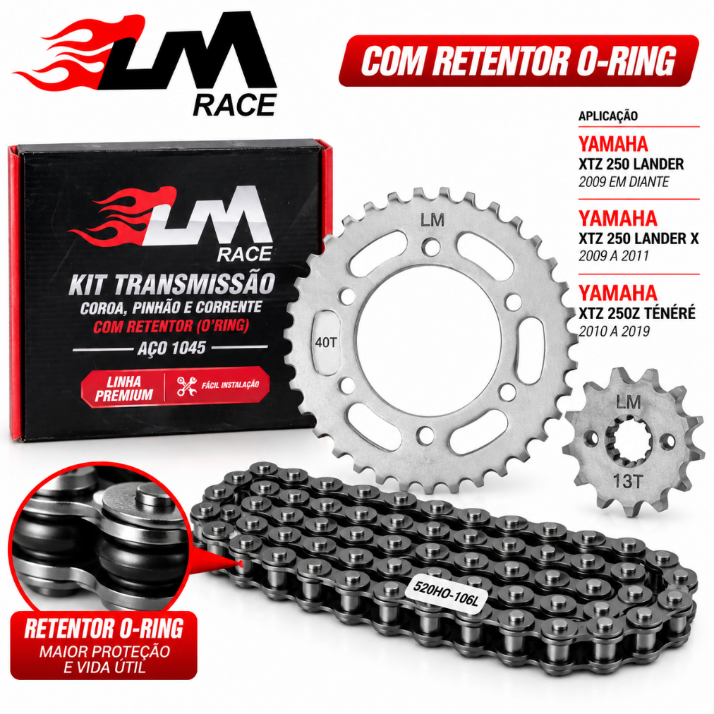 Kit Relação Transmissão Yamaha Xtz Lander Téneré Kit Premium Lm Race Aço1045 Reforçado Corrente Coroa Pinhão