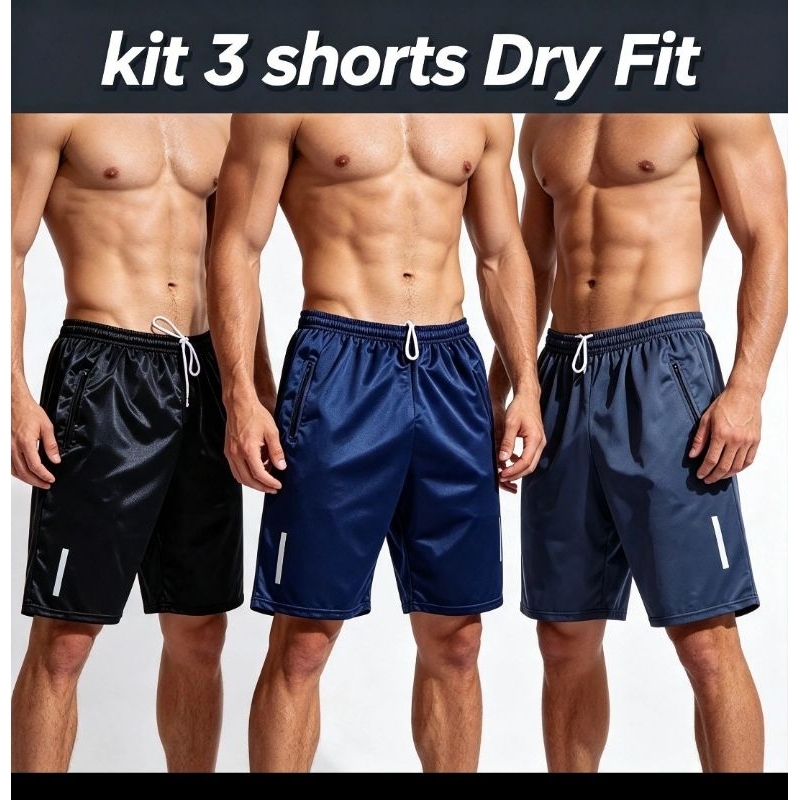 kit 3 Bermudas Masculina DryFit Leve Com Zíper nos bolsos Laterais