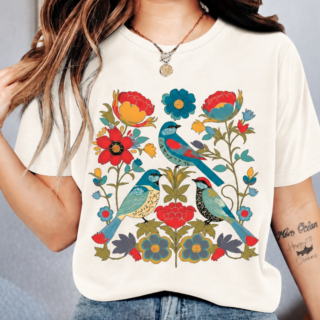 Camiseta Feminina Casual Confortável Fofa Camisa Estilosa Com Estampa Vintage de Flores e Pássaros