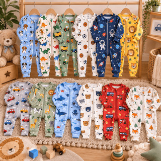 Kit 5 Macacão de Bebê Roupa Menino Estampado Ziper Animado Estampado Algodão Verão Maternidade