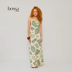 Lovito Bossa | Vestido Feminino Estampado Longo de Alça Cruzada DRB698BRL729