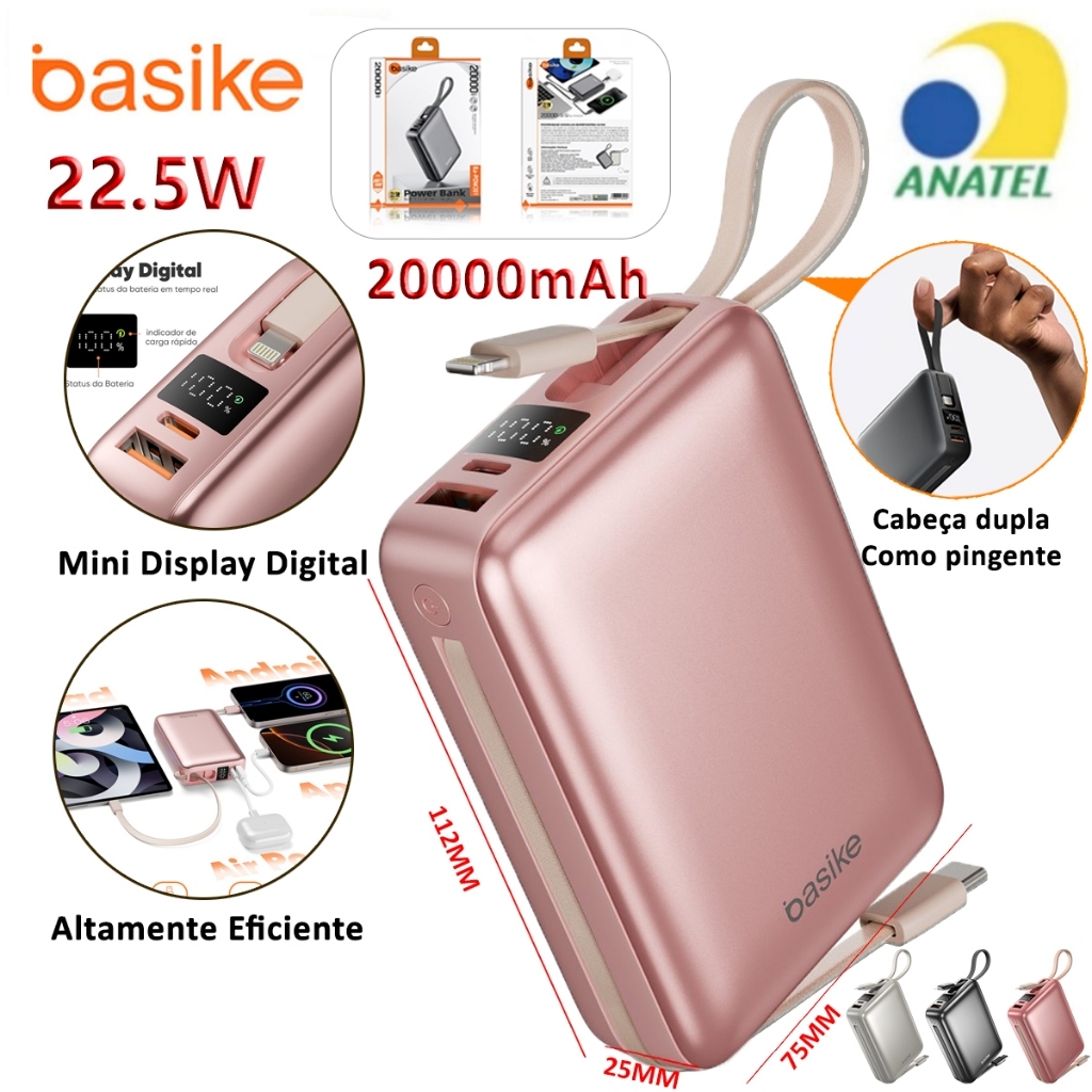 BASIKE Carregador Portátil 20000mAh - Carregamento Rápido 22.5W Power Bank Carregador Saída Dupla Rose