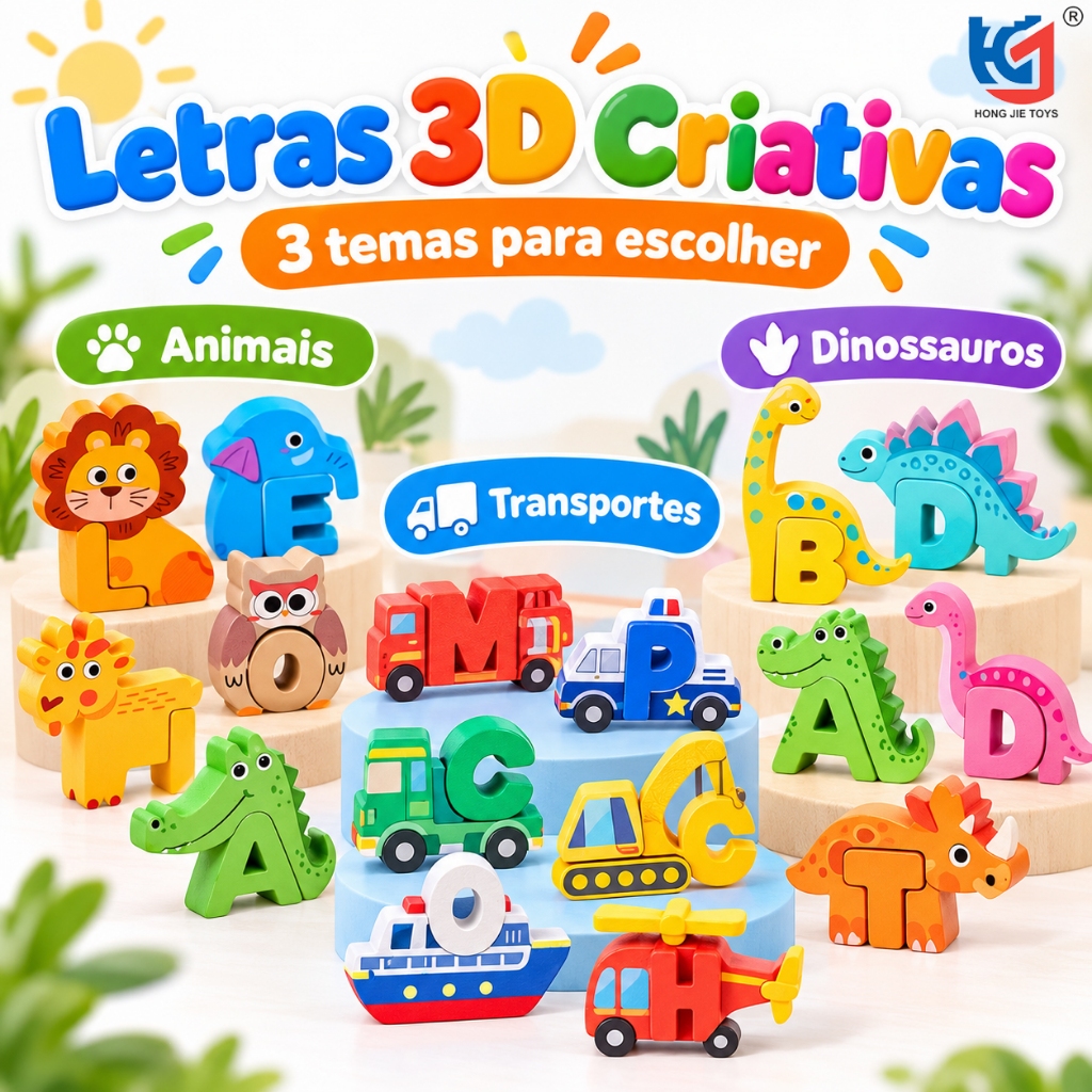 Blocos de Letras 3D Madeira Alfabeto Infantil Animais Transportes Dinossauros Brinquedo Educativo Montessori
