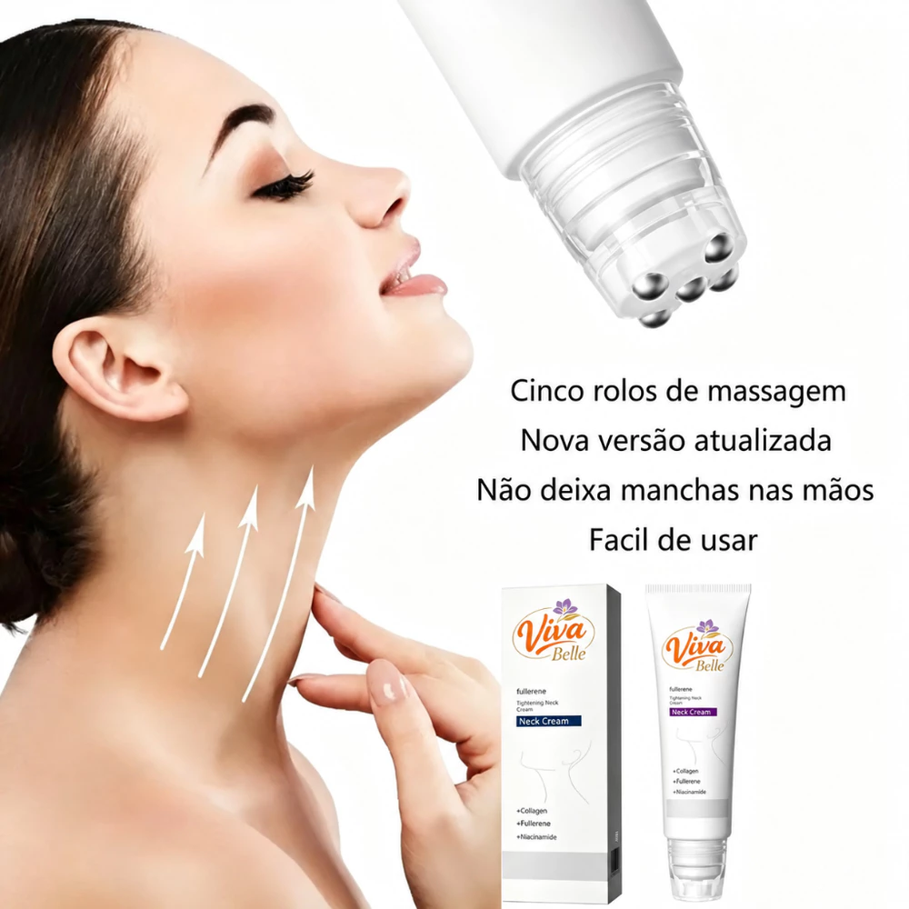 Creme para Pescoço Viva Belle com Massageador 5 Esferas, Colágeno e Niacinamida, Hidratação e Cuidado Diário