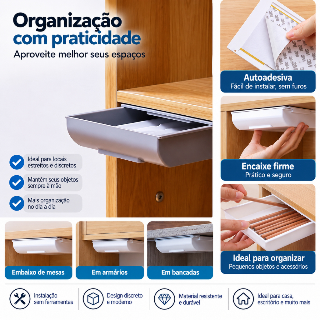Gaveta Adesiva Secreta Organizadora Multiuso Mesa 22x15cm