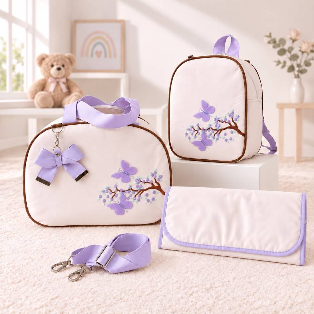 Kit Bolsa Maternidade Térmica 3 Peças Menina Borboleta 3D E Mochila De Costas Impermeável