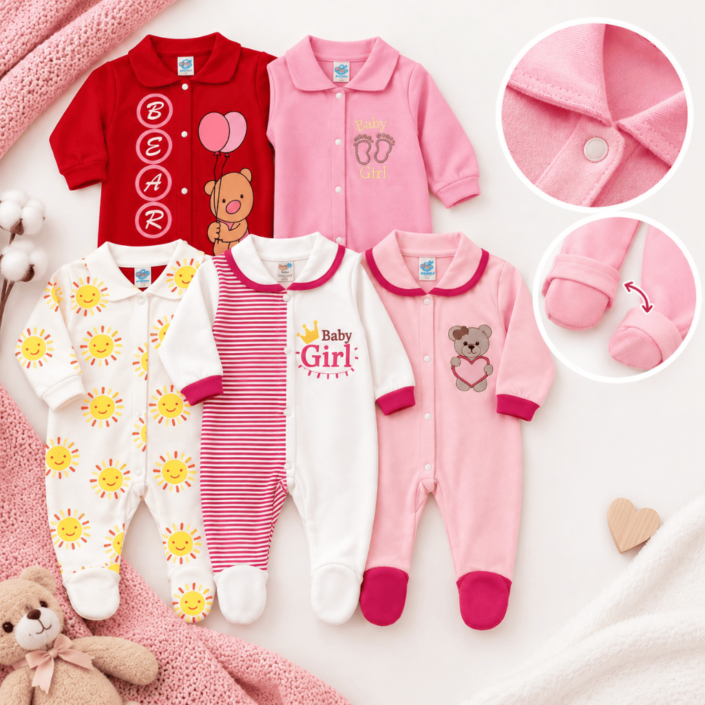Kit 3 Macacão Menina Bebê Estampado Algodão Vira Pé Reversível Inverno Confortável Enxoval Macio