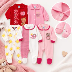 Kit 3 Macacão Menina Bebê Estampado Algodão Vira Pé Reversível Inverno Confortável Enxoval Macio