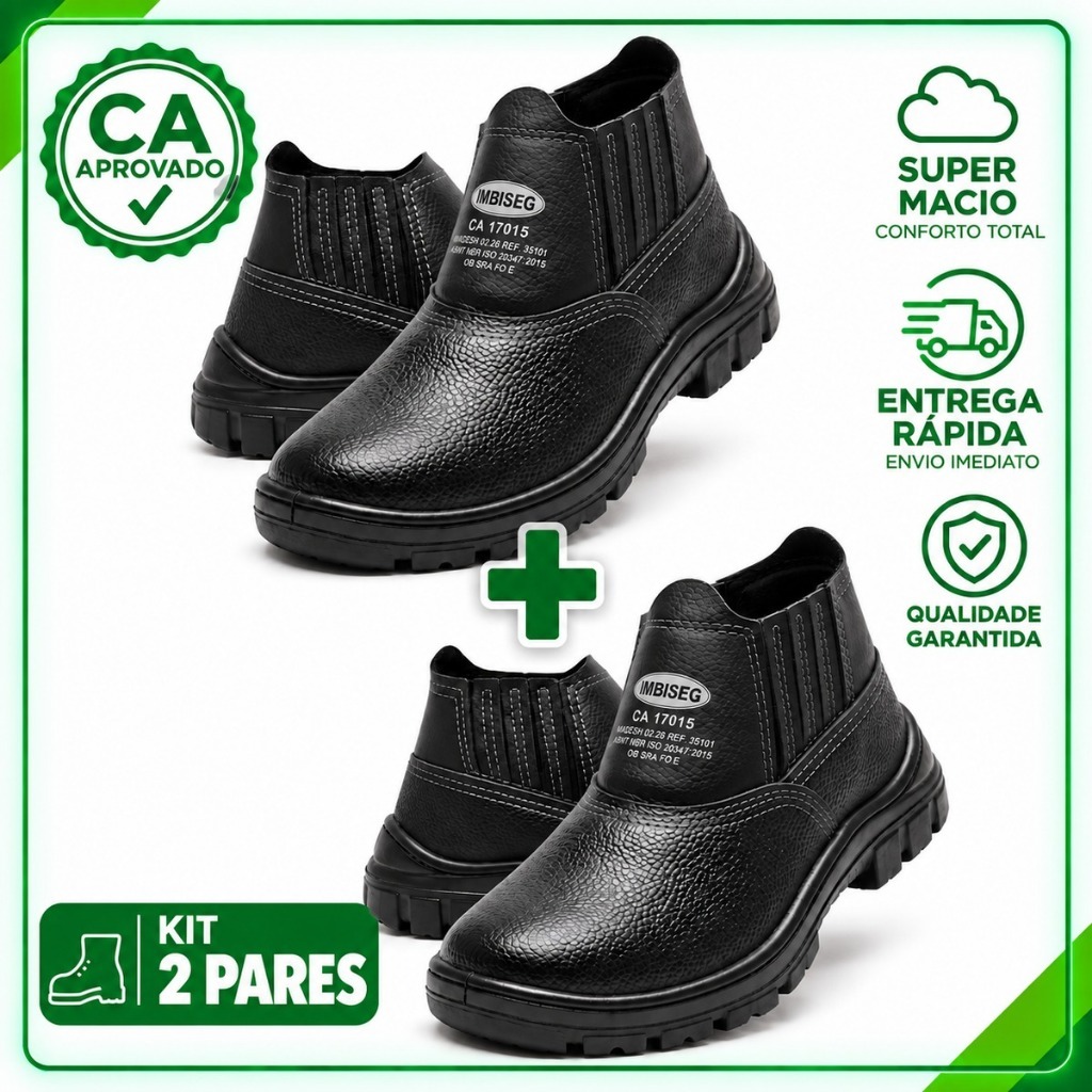 KIT 2 Pares Botina/Bota de Segurança CA EPI em Couro Unissex com Biqueira e Solado Antiderrapante Ideal obra e trabalho