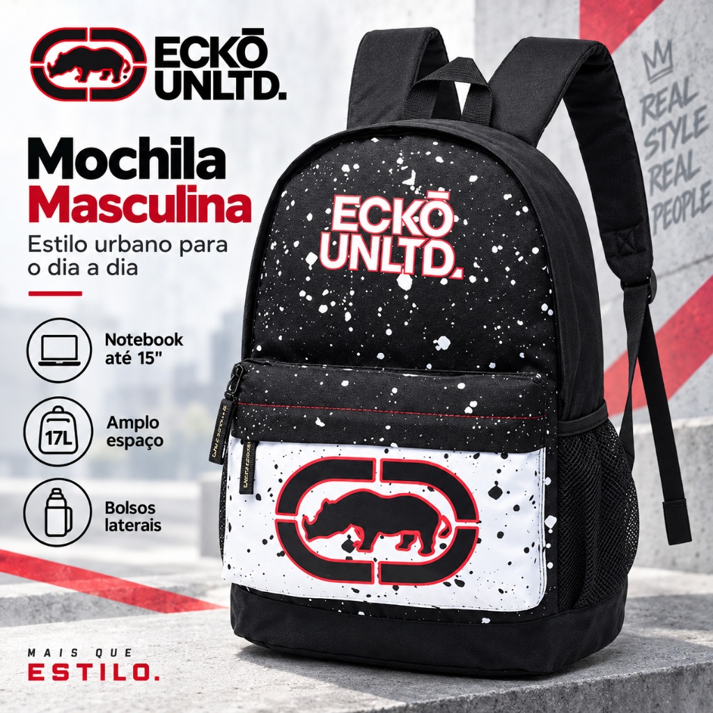 Mochila Ecko Masculina Escolar Faculdade Notebook 15" Espaçosa com Bolsos Laterais