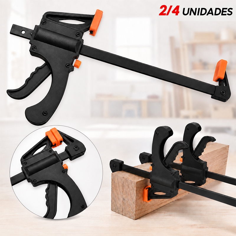 Kit 4/2 Grampos Sargento de Aperto Rápido 19.5cm Tipo F para Marcenaria Madeira Metal e Montagem de Móveis