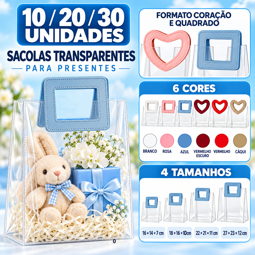 10/20/30 PCS Bolsa Sacola Alças Coração e Quadrada PVC Transparente Praia Lembrancinha de Aniversario Presente