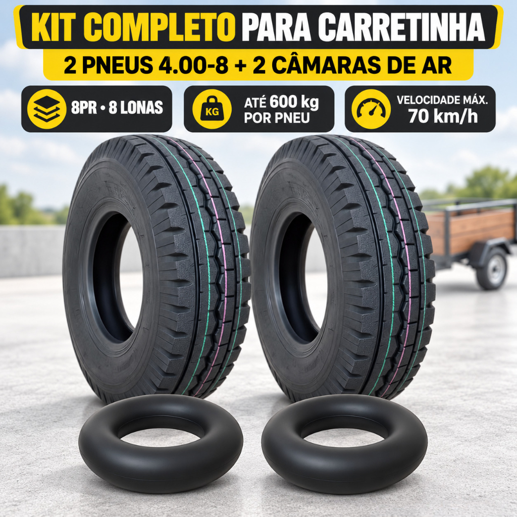 Kit 2 Pneus Carretinha Moto Reboque 4.00-8 Reforçado Com 8 Lonas 1200kg 70km/h