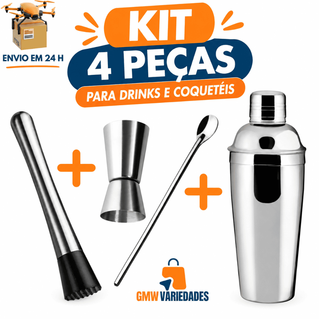 Kit Caipirinha 4 Peças Coqueteleira Inox Socador Dosador Duplo e Colher de suco  para Bares Restaurantes