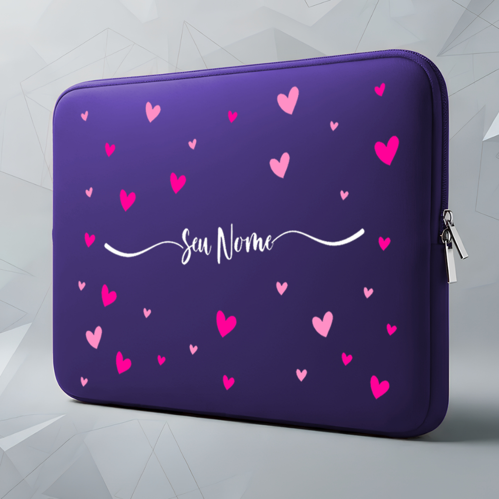 Capa Case Pasta Maleta Notebook Neoprene 15.6/14/13.3/12/11 Personalizada Nome Corações Coloridos