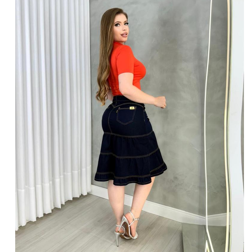 Saia Jeans Midi 3 Marias Feminina Cintura Alta Evasê Azul Escuro com Elastano — imagem 2 de 2
