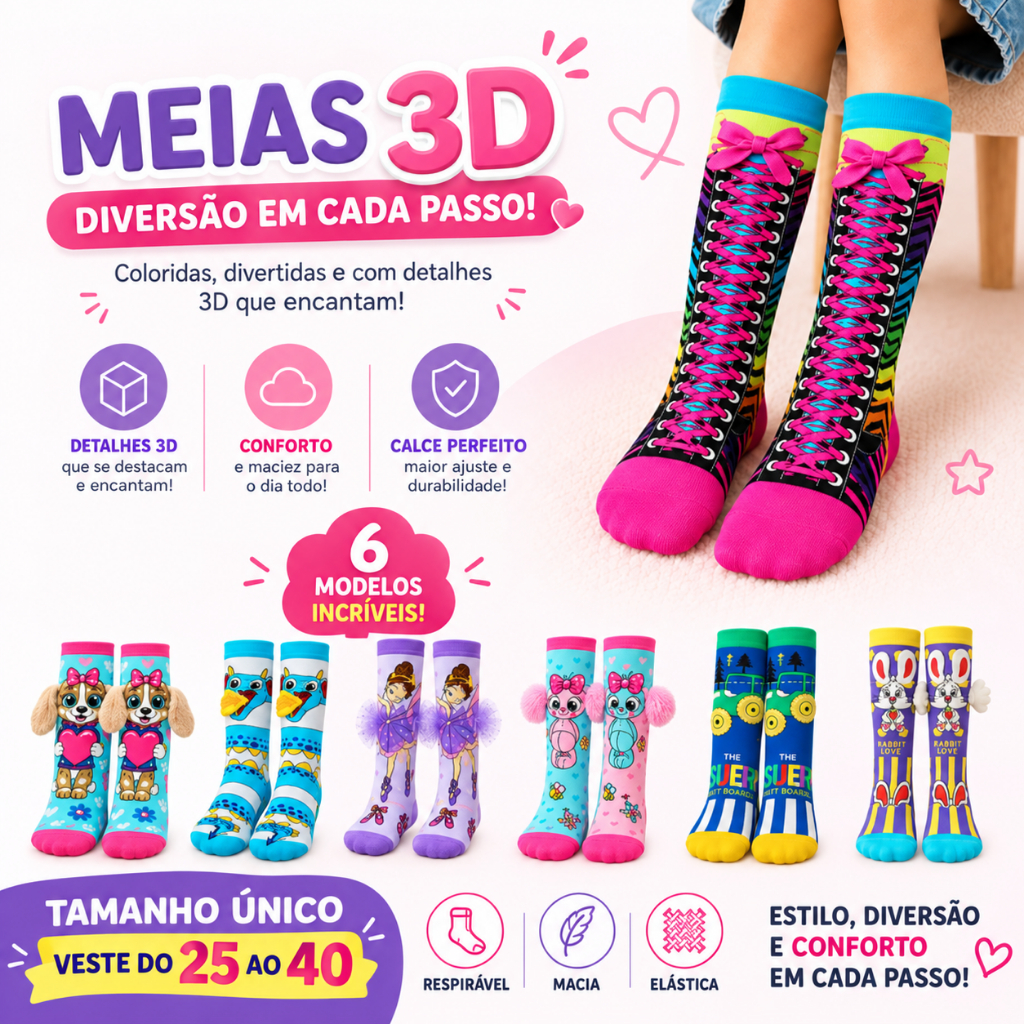 Meia 3D Divertida Infantil e Adulto Modelos Coloridos e Criativos Tamanho Único do 25 ao 40