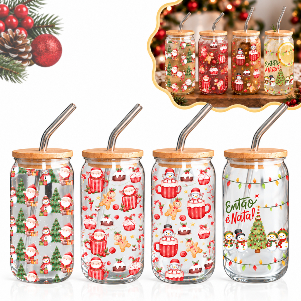 Kit 2 a 5 Copos Vidro Natal 500ml com Tampa Bambu Canudo Decoração Enfeite Festiva Brinde Presente Noel