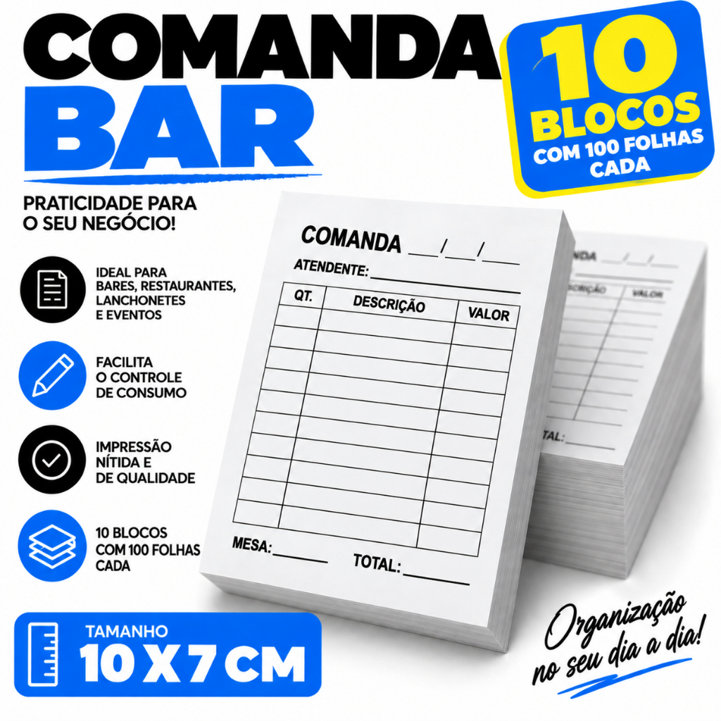 Blocos de Comanda de Mesa Restaurante - Comanda de Bar -  Lanchonete - 7x10 cm com 100 folhas p/b