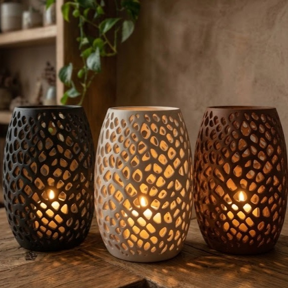 Porta Vela Decorativo Vazado com Vela LED Inclusa Luminária de Mesa Castiçal Decoração Sala Quarto 3 Cores