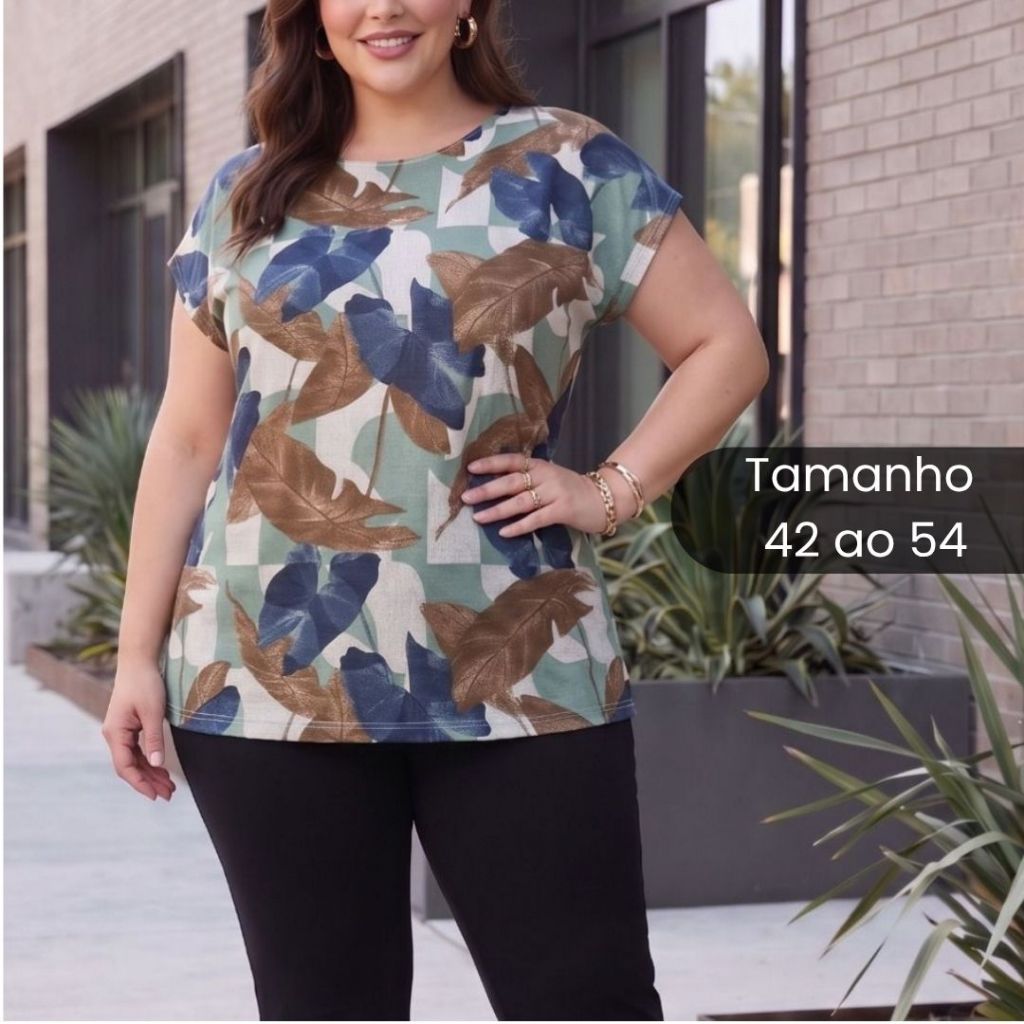 Blusa Feminina Estampada Plus Size, Malha Fria Elegante Tamanho 42 ao 54