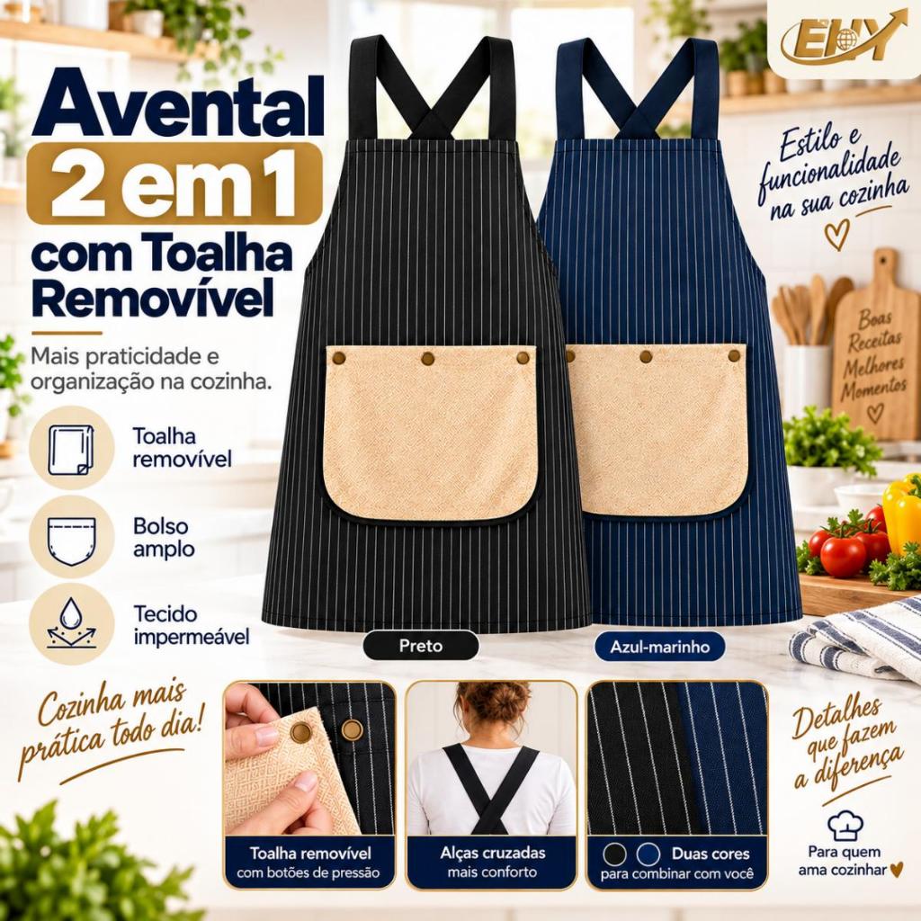 Avental de Cozinha Listrado com Bolso Grande - Resistente à Água e Óleo, Ideal para Cozinha, Bar e Trabalho