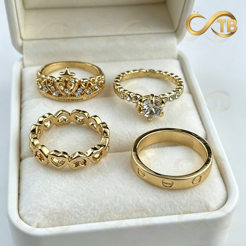 TB Feminino Conjunto de anéis femininos elegantes com 4 zircões dourados e prateados, joias fashion