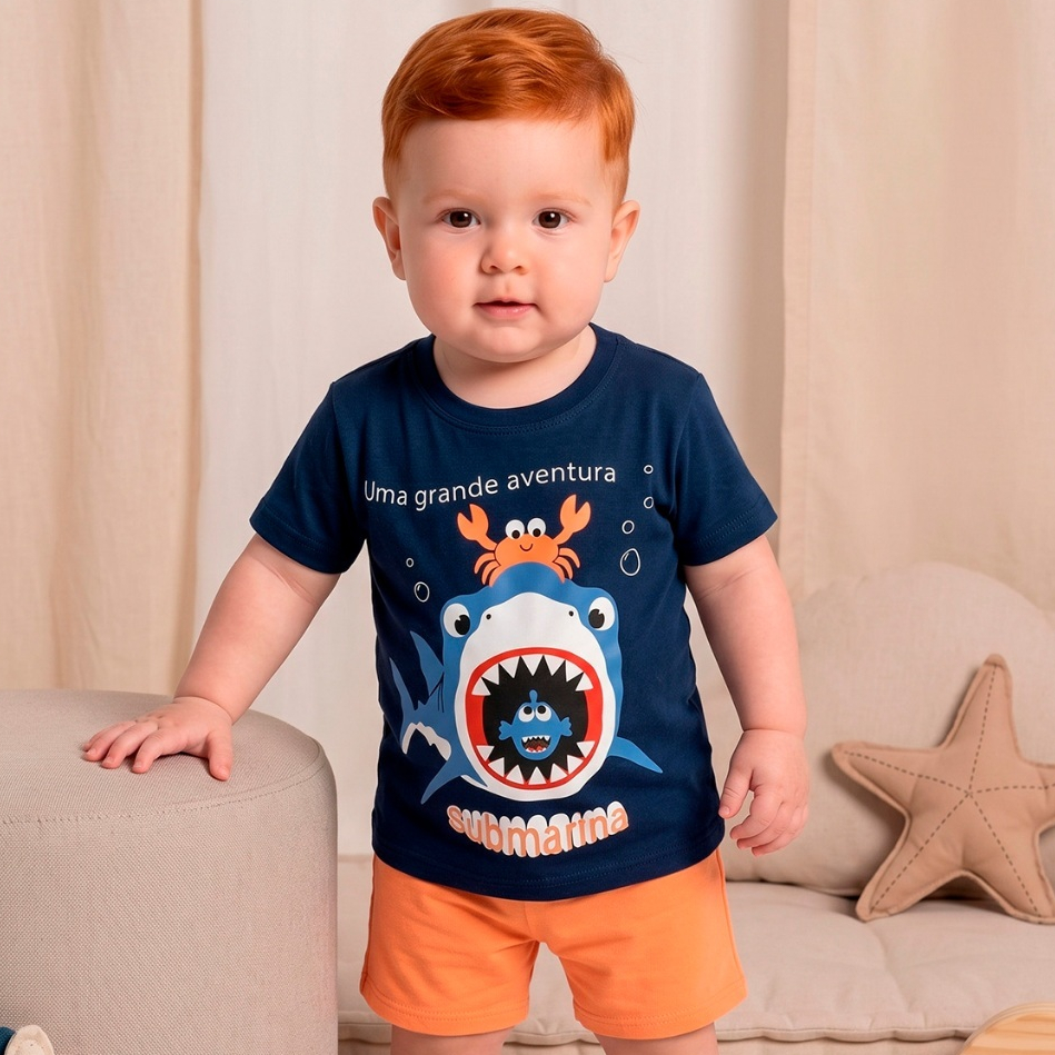 Conjunto Bebê Menino Curto Verão Tubarão Aventura