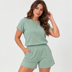 Conjunto Feminino Moletinho Verão Short Blusa Casual com Bolso Confortável Moda Básica Elegante Cintura Alta Gola