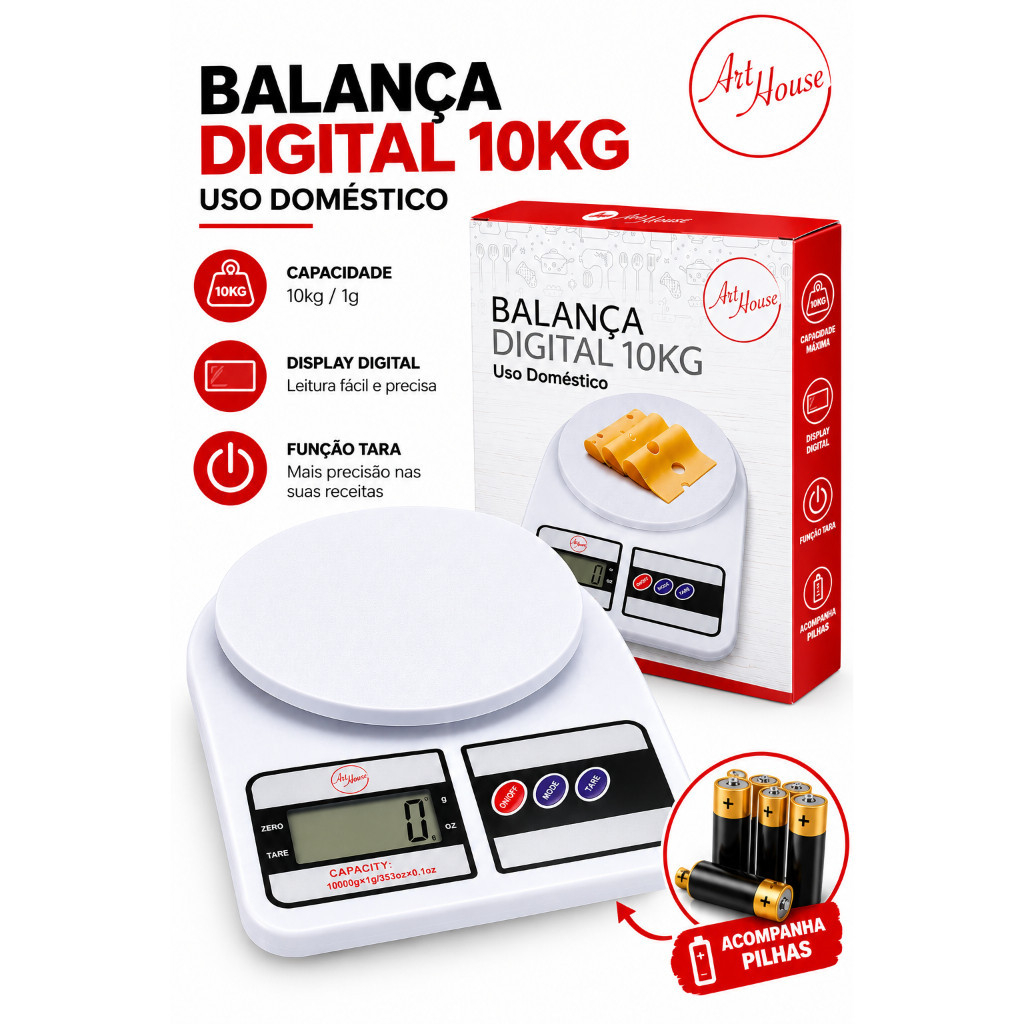 Balança de Cozinha Digital 10kg Com Pilhas Dupla e Sem Pilhas Alta Precisão Branco Confeitaria Fitness Dieta