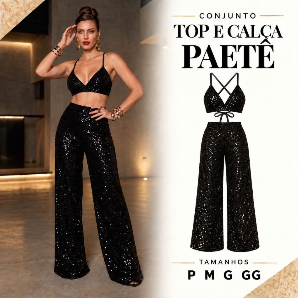 Conjunto Festa Pantalona tuda forrada e Top com bojo em Paete Evento Noite