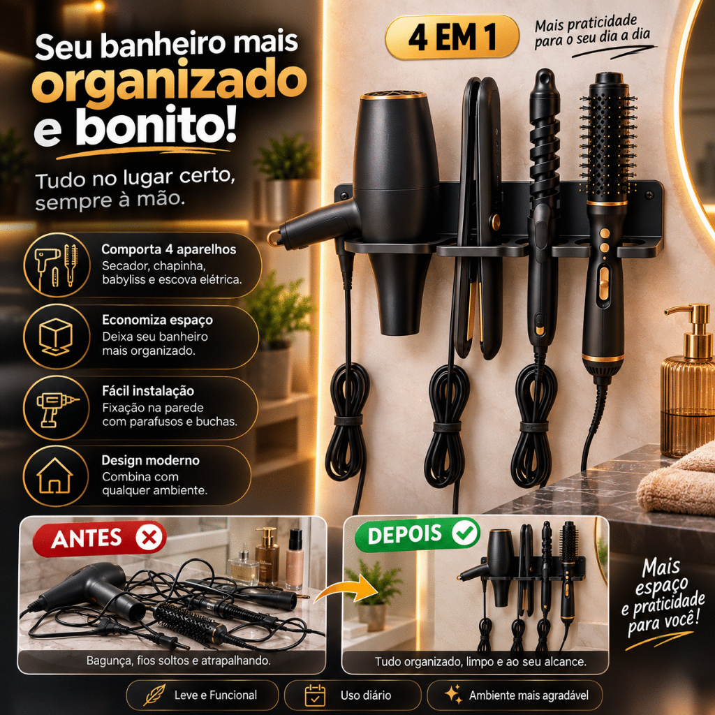 Suporte de Parede 4 em 1 – Secador, Chapinha, Babyliss e Escova Elétrica