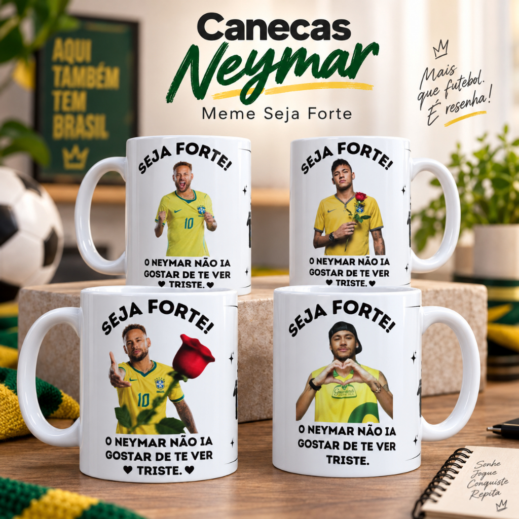 Caneca Neymar Jr Meme Seja Forte 325ml | Futebol Brasil Camisa 10 | Presente Criativo e Engraçado