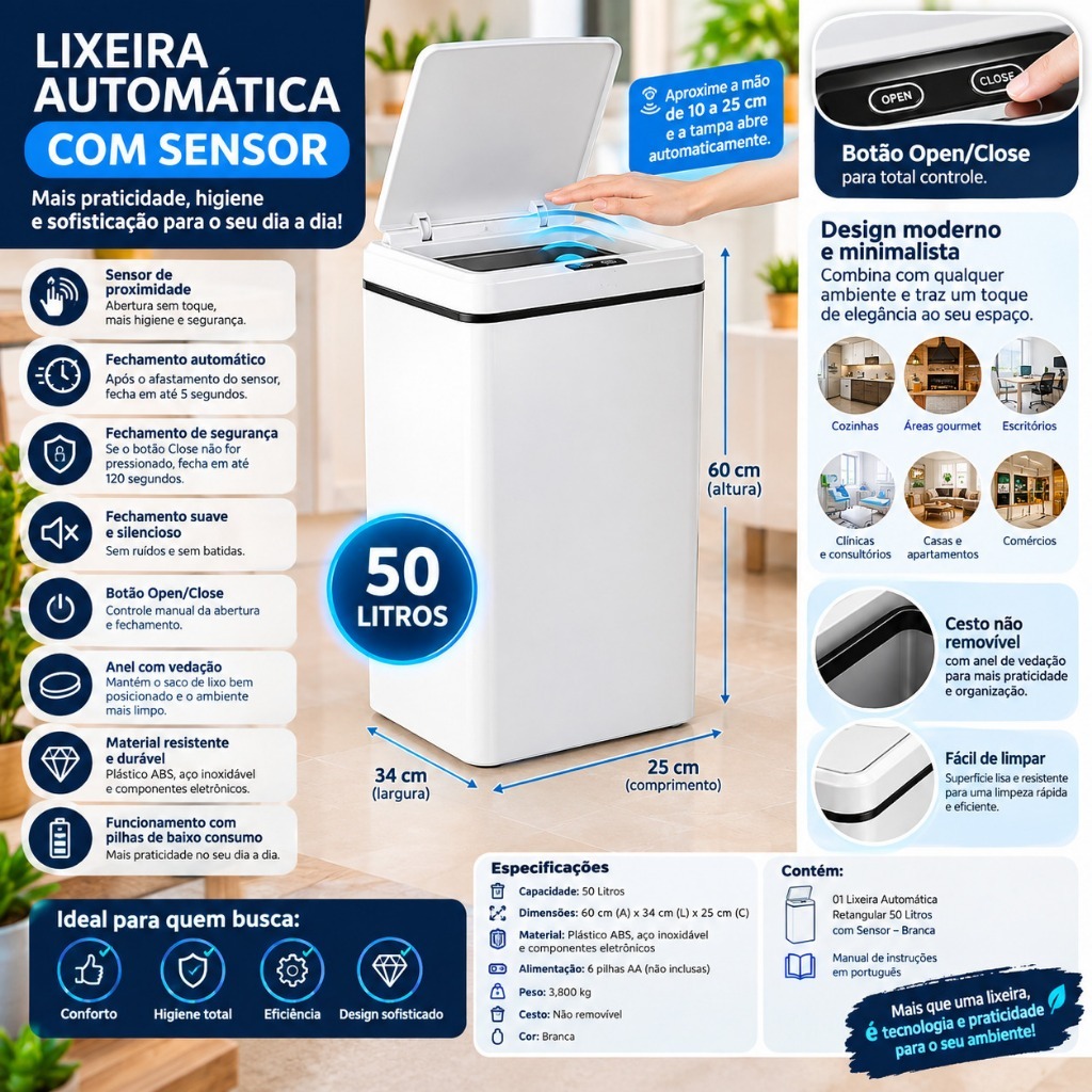 Lixeira Automática 50L com Sensor de Movimento  Retangular Inteligente cozinha moderna banca ou inox
