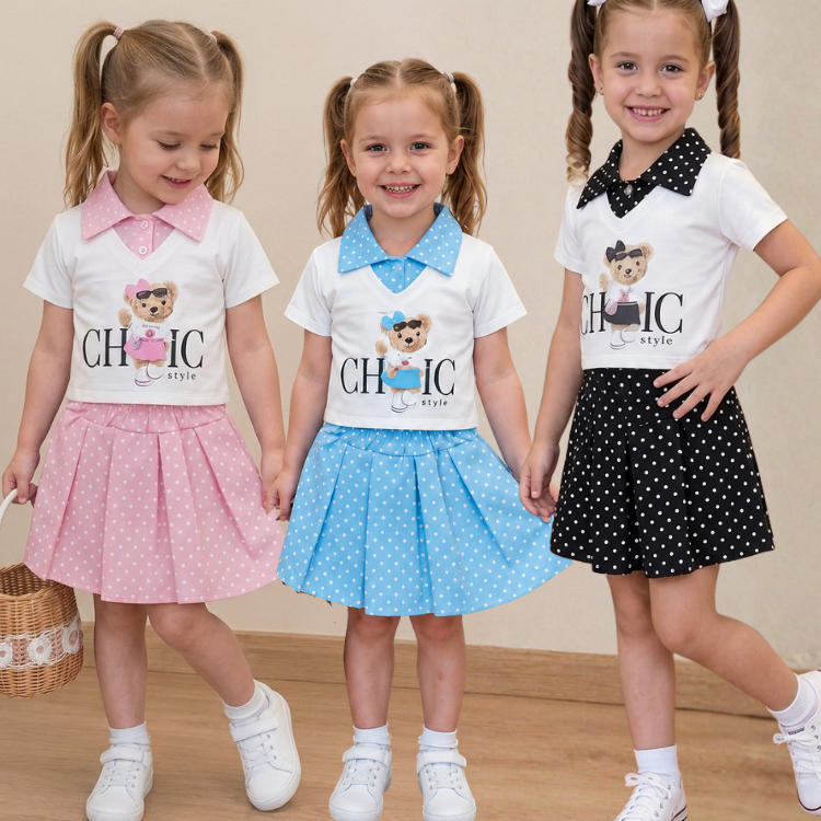 Conjunto Infantil Feminino Elegante Confortável Poá 3 Peças Blusa Ursinho Saia Social Festa Passeio Menina Estiloso