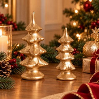 Kit 2 Árvores de Natal Cerâmica Dourada Decorativa Enfeite Natal