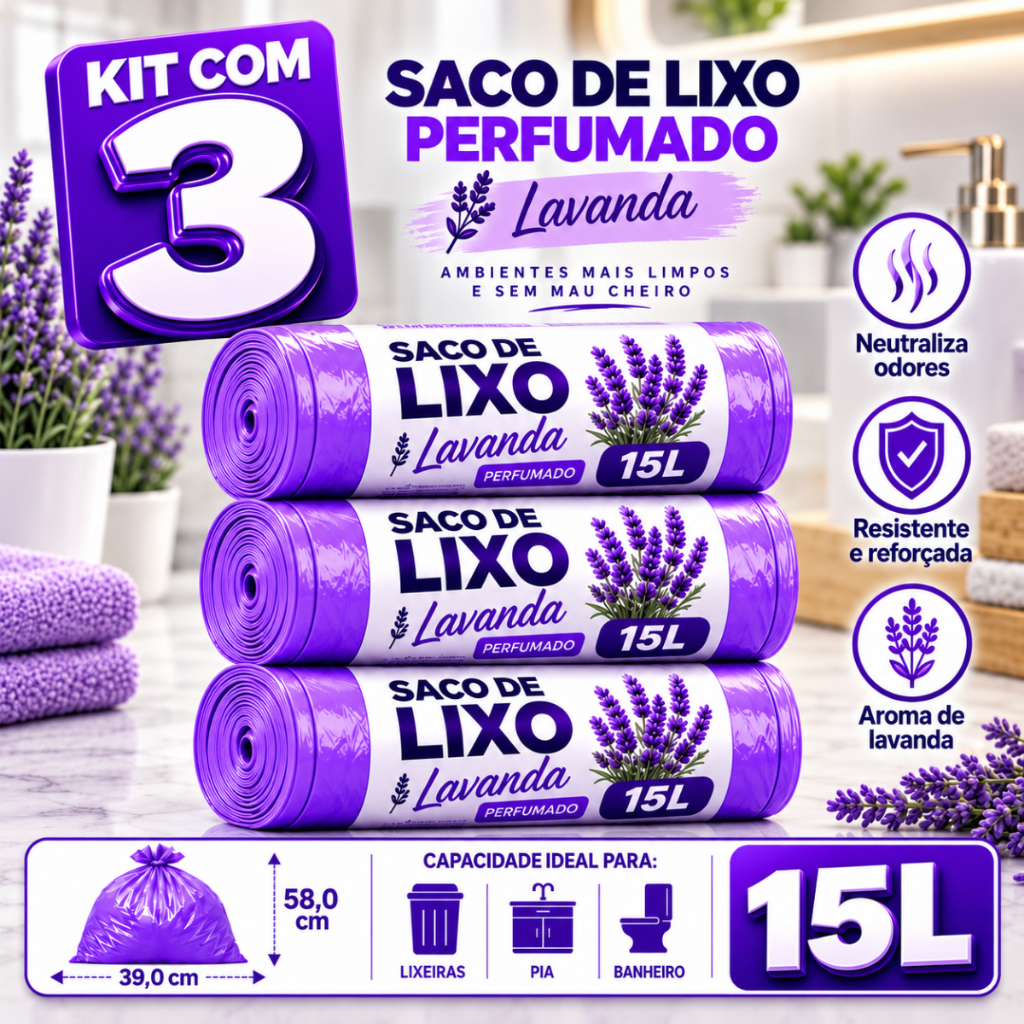 Kit 3 Rolos de Lixo 15 Litros Perfumado Lavanda 180 Sacos Resistente Neutraliza Odores Mau Cheiro