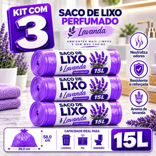 Kit 3 Rolos de Lixo 15 Litros Perfumado Lavanda 180 Sacos Resistente Neutraliza Odores Mau Cheiro